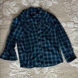 Wrangler Teal and Black Plaid Pearl Snap